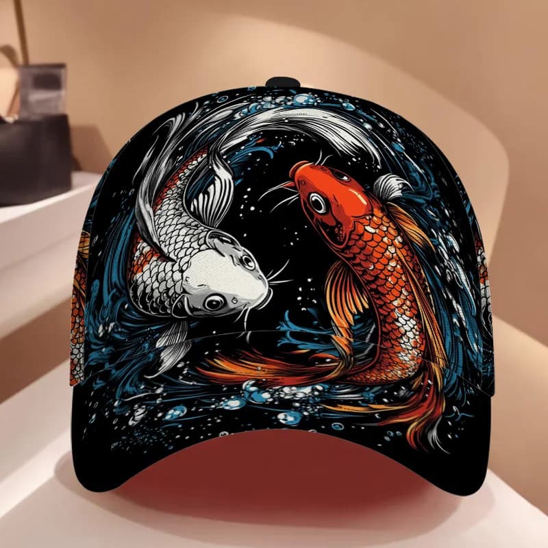 Classic baseball cap with print of koi fish that swim in harmony, elegant adjustable duck beak hat, ideal for everyday use, light and comfortable