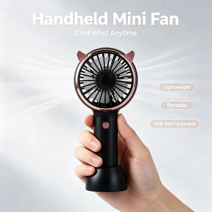 Cat Ear Fan Mini Handheld LED Light 3 Speed USB Rechargeable Portable Quiet Desk Fan With Base for Travel Concert Gift
