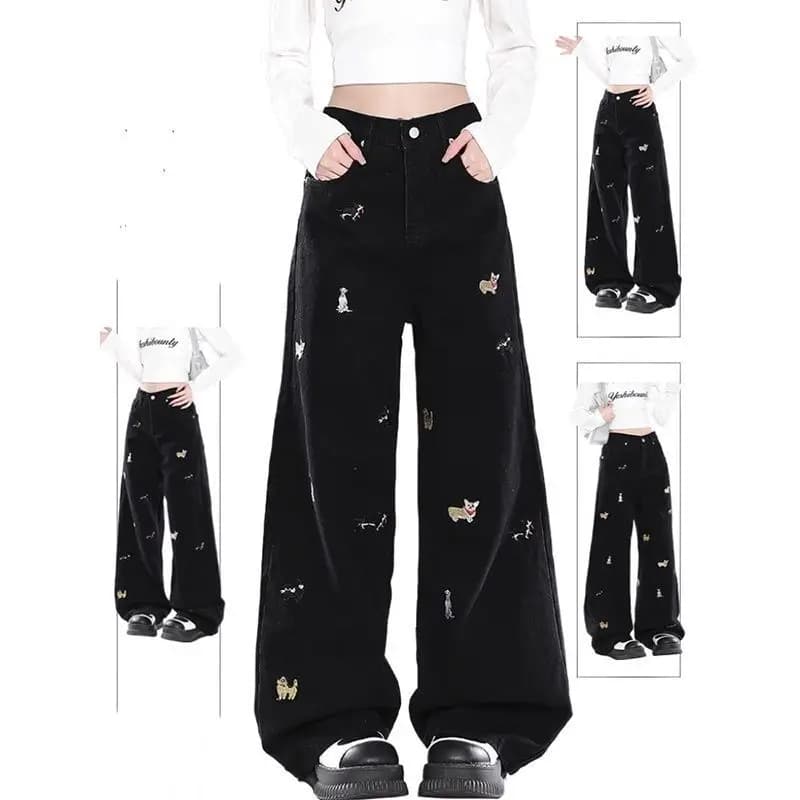 Large Size 300 Pounds Cartoon Dog Embroidery Straight Leg Jeans Men's Loose Wide Leg Long Pants Spring Autumn New Style