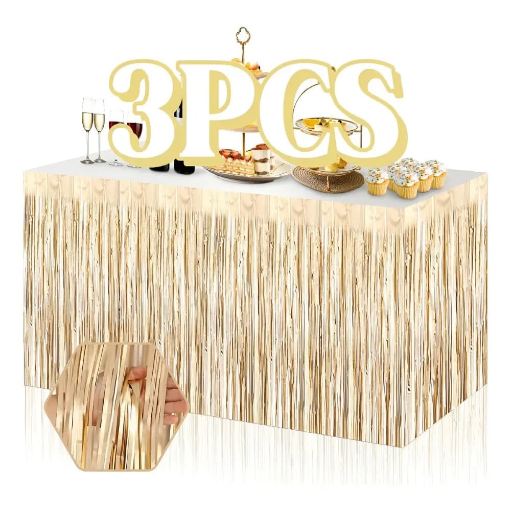3Pcs 29×108 Inch Champagne Gold Foil Fringe Table Skirt, Elegant Decor for Wedding Birthday Party Banquet Table Ornaments