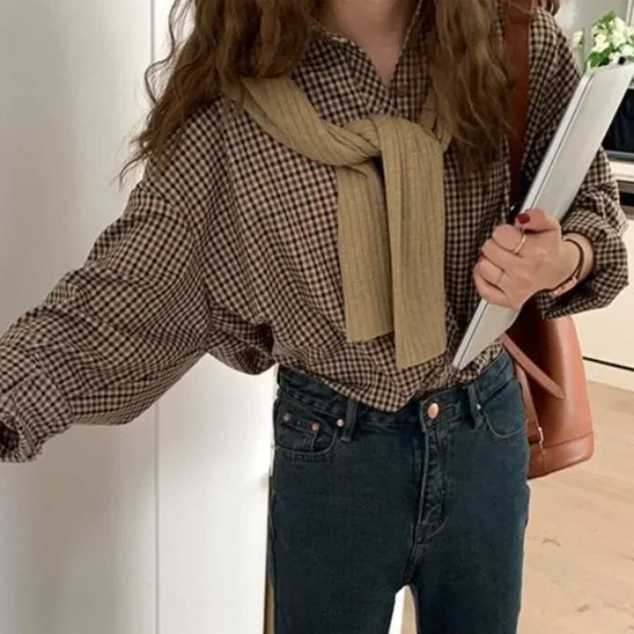 Camicia a quadri per abbigliamento autunnale da donna Nuova tuta sportiva Top ampio Elegante camicia sociale a maniche lunghe a strati Y2k Top vintage