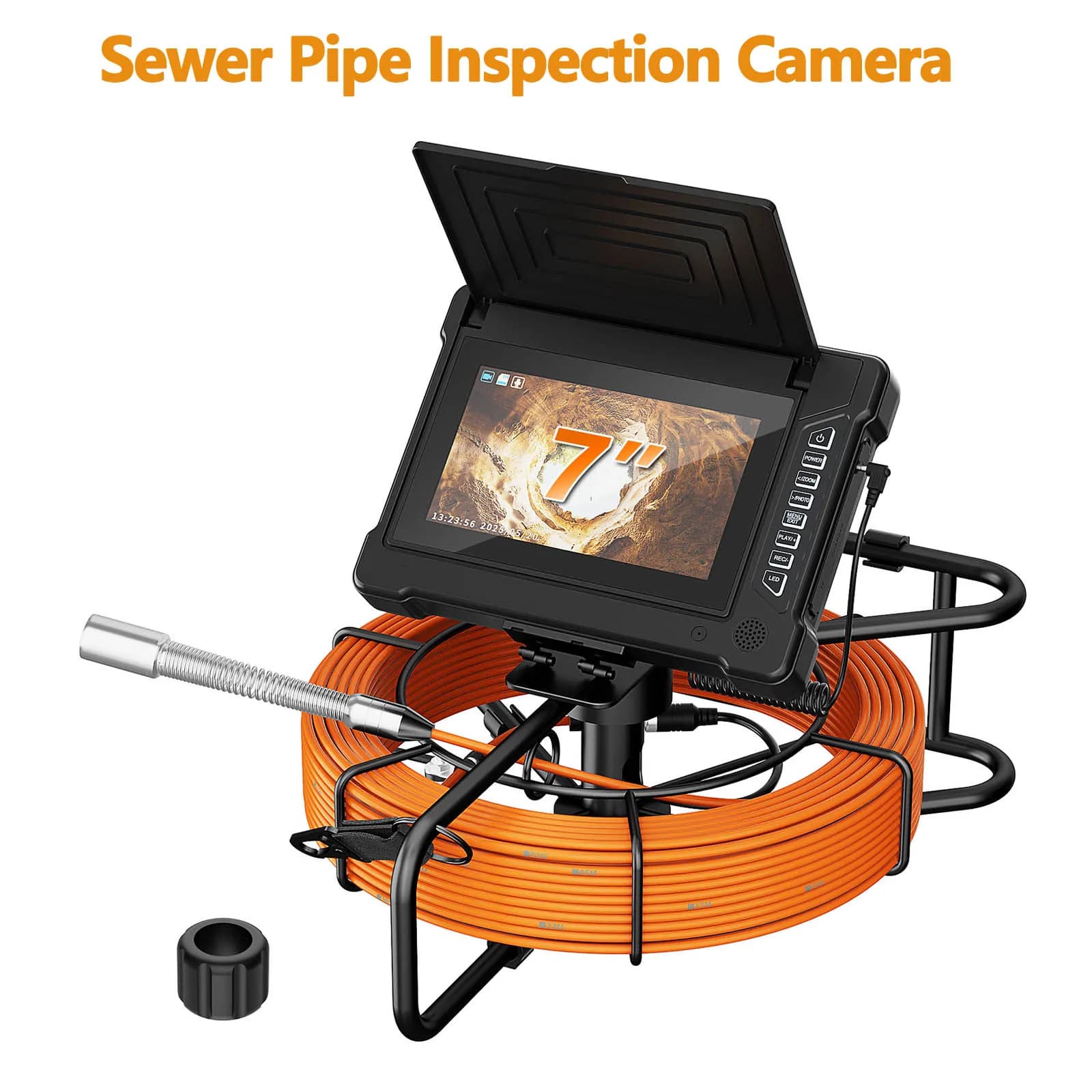7 inch HD IPS sewer camera with DVR, 0-20x zoom, 16 GB TF card, IP68 waterproof, 5 mm 20-50 m cable for inspections of 6-8 hours