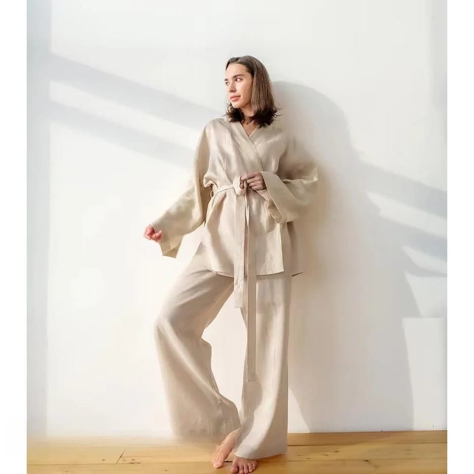 Fashionable Long Sleeve Cotton Linen Pajama Set with Pants V Neck Home Wear Comfortable Breathable Spring Summer Sleepwear
