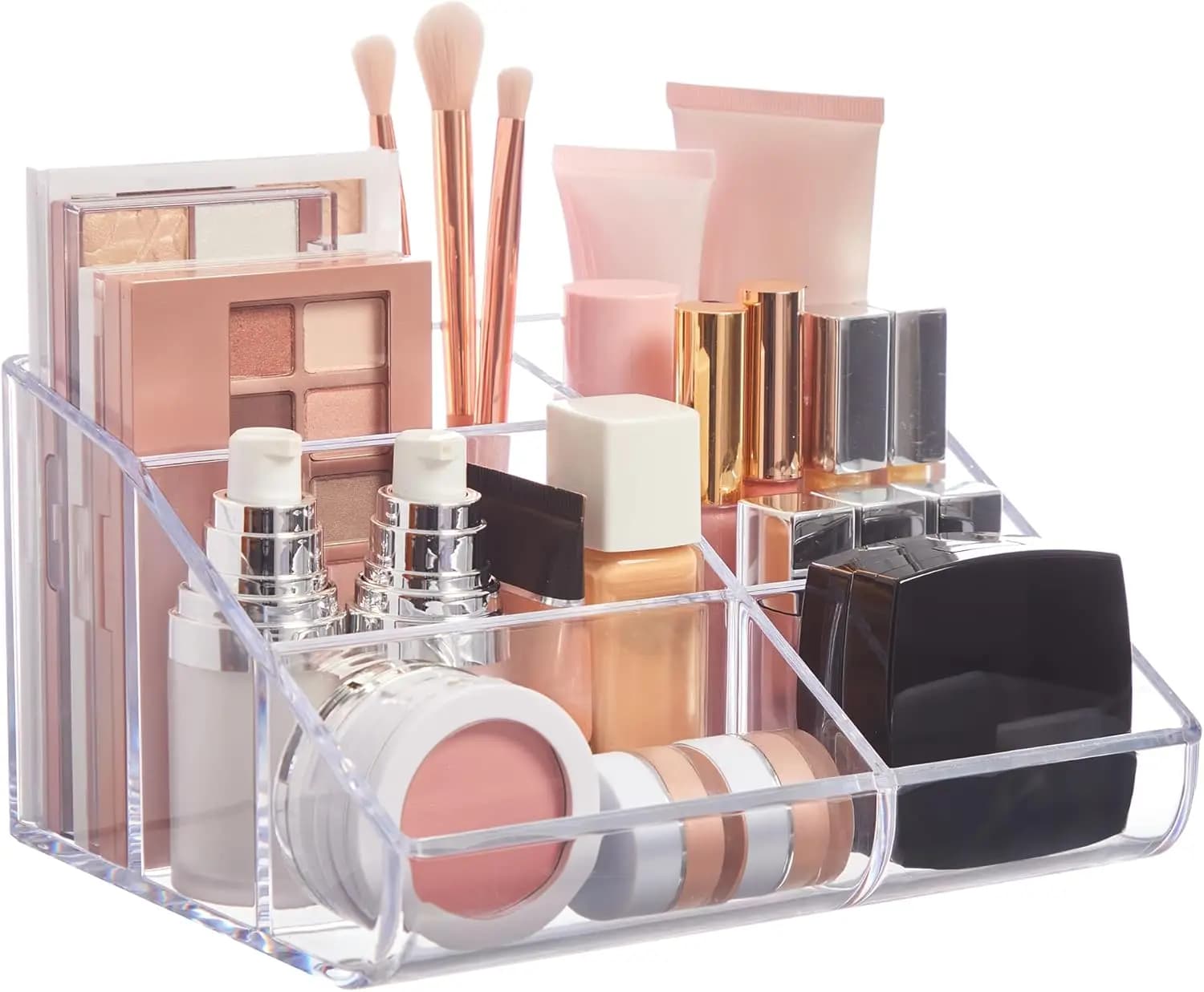Organizer per Trucchi in Plastica Trasparente | Organizzatore per Trucchi a 6 Scomparti per Pennelli e Palette | Design con Fronte Curvo