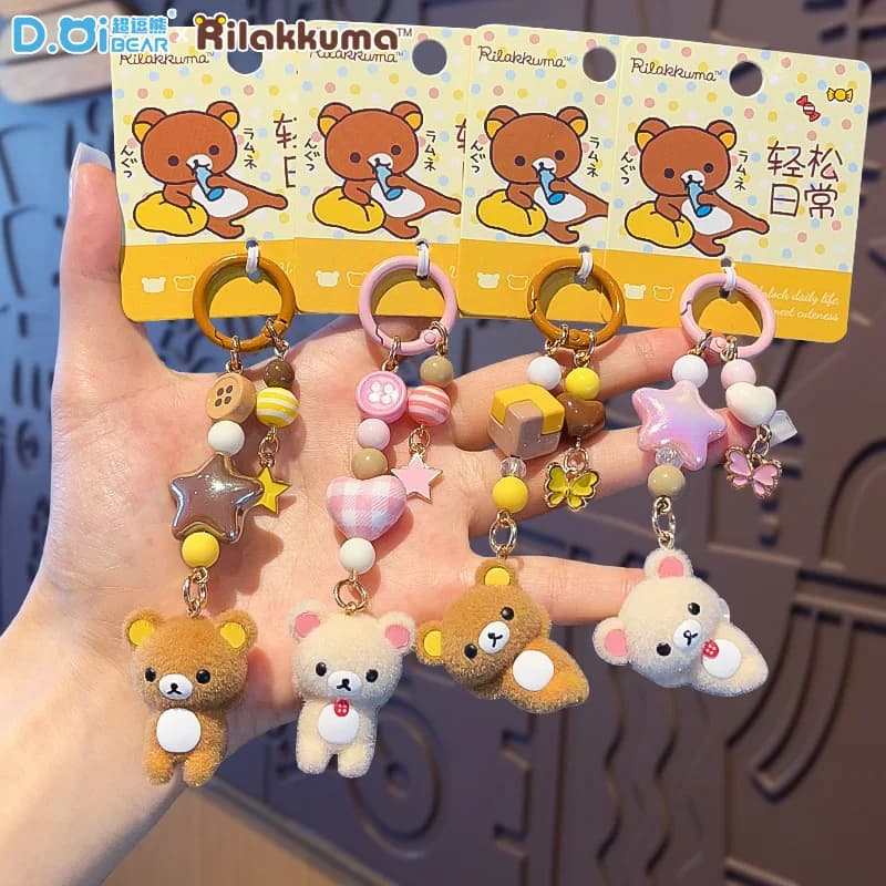 2026 New Rilakkuma Authentic Mini Flocked Keychain Toys Anime Figures Easy Bear Backpack Pendant Bag Decor Keycgain Holiday Gift