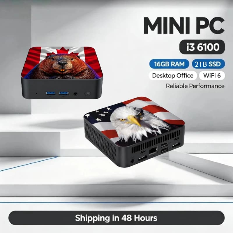 Compact Mini PC Intel Core i3-6100 16GB DDR4 2TB SSD 4K HD WiFi6 BT 5.2 Multi-Style Shell for Study Use New 2026 USA Canada Flag