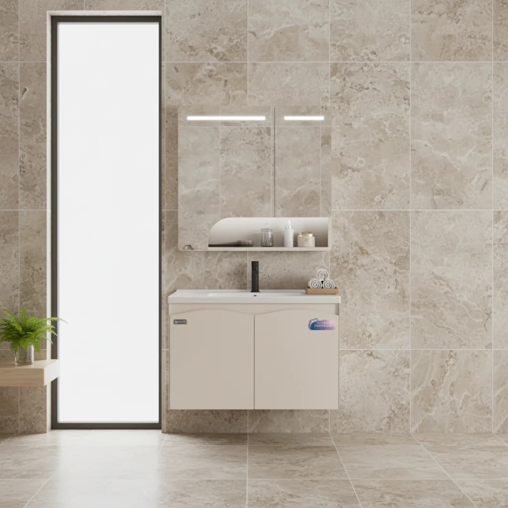 Mobile da Bagno in Acciaio Inox BY47-80 per Donne, Lavabo in Ceramica da Parete, Specchio Moderno, Porta a Doppio Specchio, Facile da Pulire
