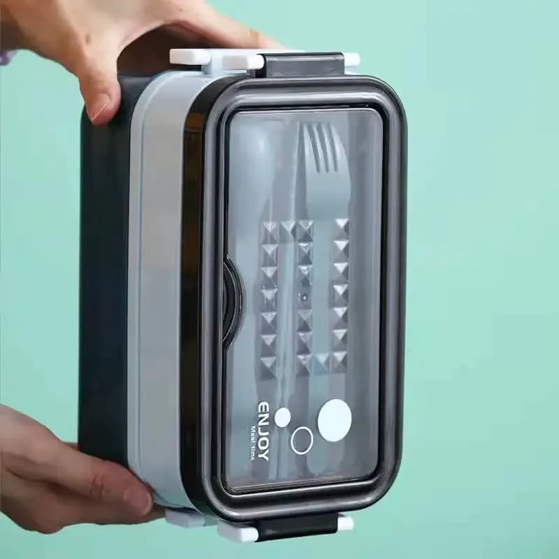 1PCS Contenitore per il pranzo a doppio strato da 1050 ml, portatile, con scomparti, adatto al microonde, con forchetta, bacchette e cucchiaio.