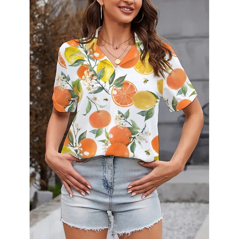 Versatile Women's Lemon Orange Fruit Print Lapel Button Short-sleeve Shirt Fashionable Casual Slim Fit Conceals Flaws Daily Wear
