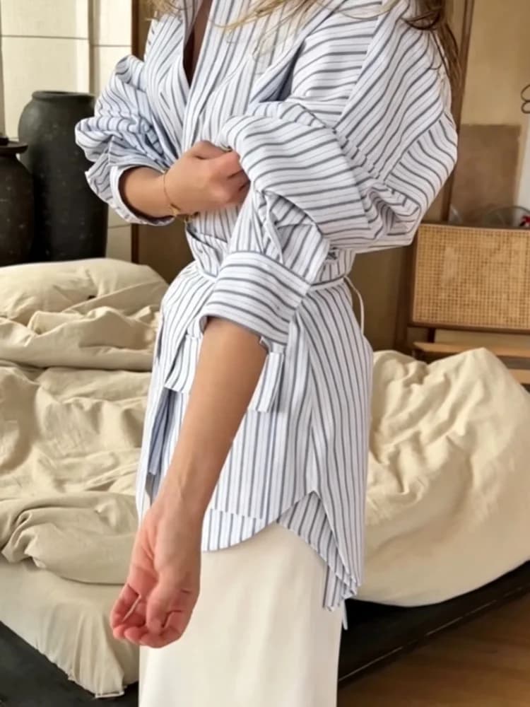 Women's Striped Blouse V Neck Long Sleeve Shirt Loose Fit Pockets Button Down Tops Cozy Female Waist Belt Tie Casual Workwear