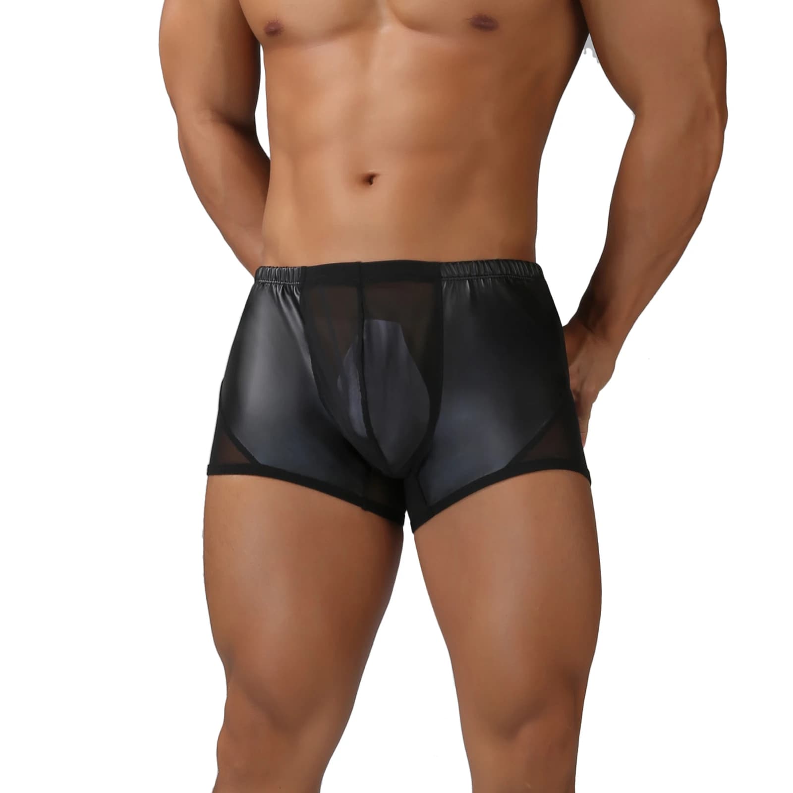 Boxer da Uomo Sexy in Ecopelle e Rete Trasparente con Tasca Frontale, Pantaloncini Intimi Patchwork
