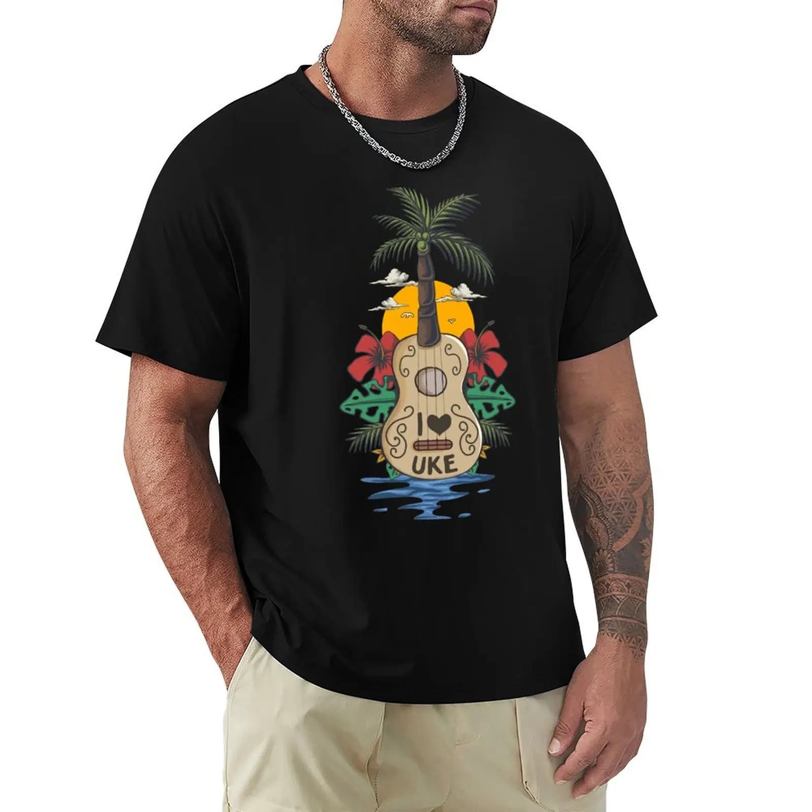 T-shirt con stampa artistica hawaiana con ukulele e tramonto sulla spiaggia, design casual e semplice, a maniche corte