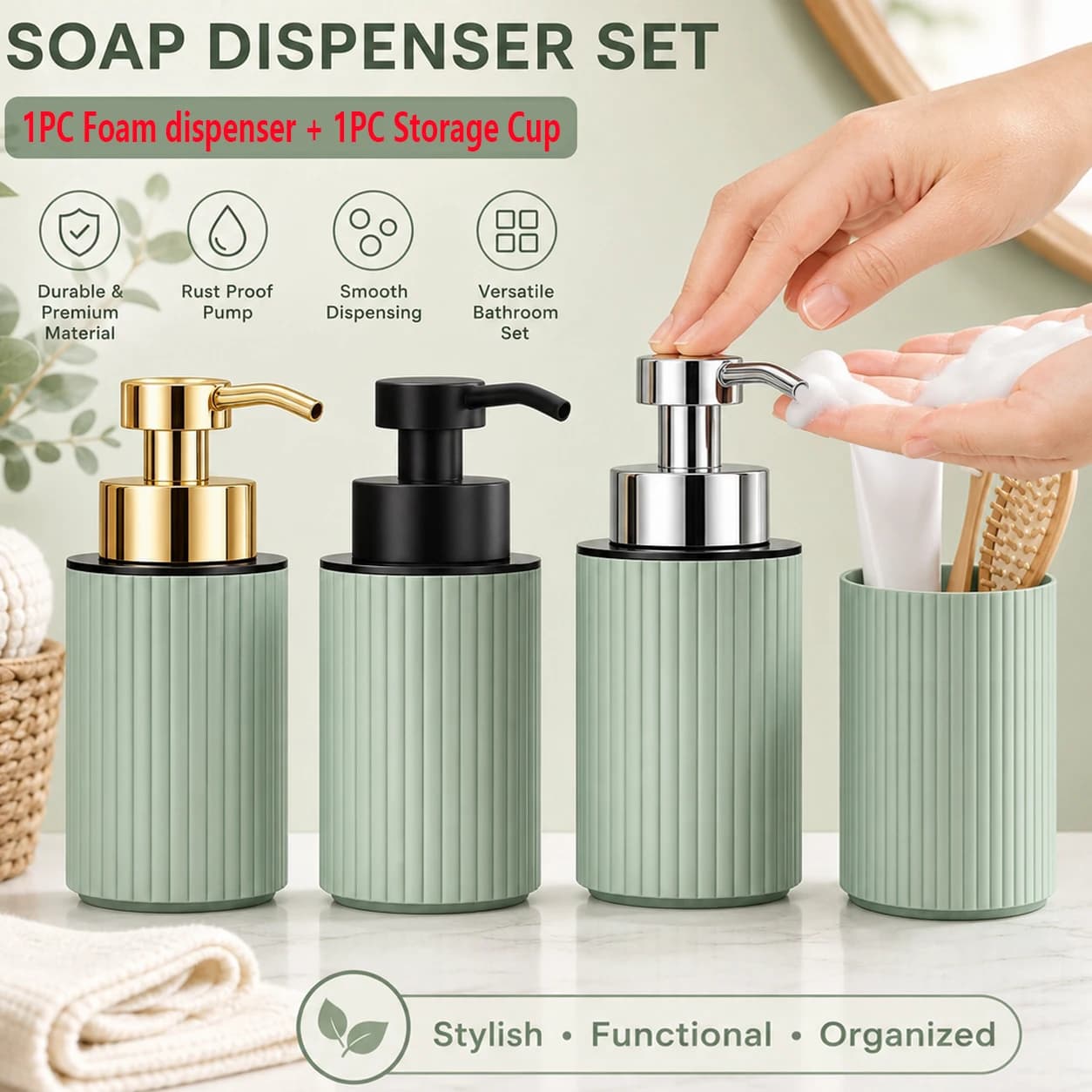 Bathroom Foam Soap Dispenser and Toothbrush Holder Set, Bathroom Accessory Foam Soap Dispenser & Oral‑care Toothbrush Cup