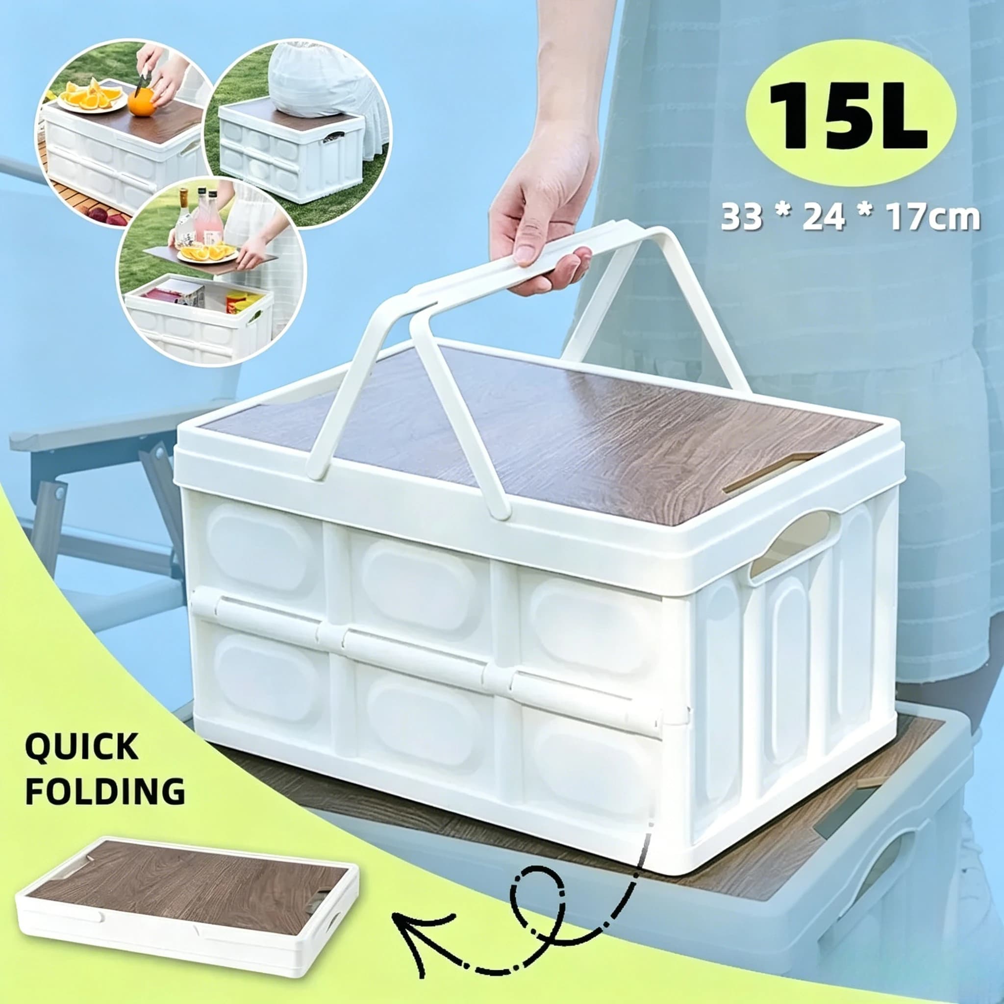 Contenitore Pieghevole da Campeggio 15L, Organizer Portatile per Picnic all'Aperto con Maniglia, Contenitore Multifunzionale per Bagagliaio Auto