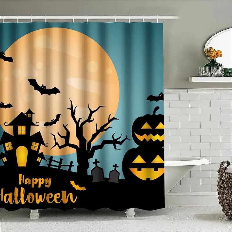 1 pezzo di tenda da doccia Halloween con pipistrello nero e luna per l'arredamento del bagno, regalo di arte della parete spettrale