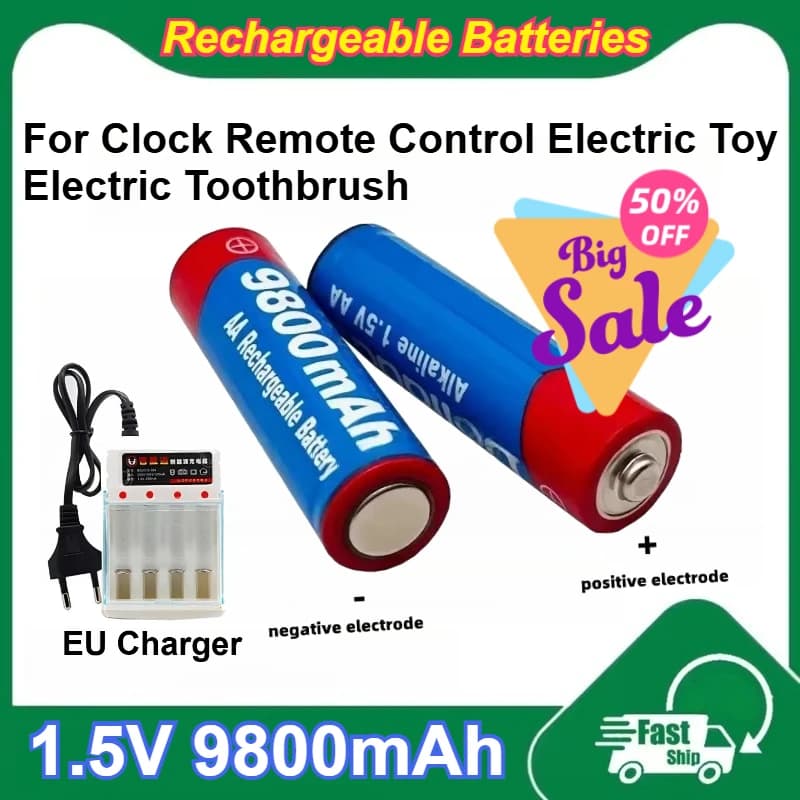 2-12 pieces of 1.5 V 9800 mA rechargeable alkaline batteries for watch, remote control, electric toy, electric toothbrush + charger