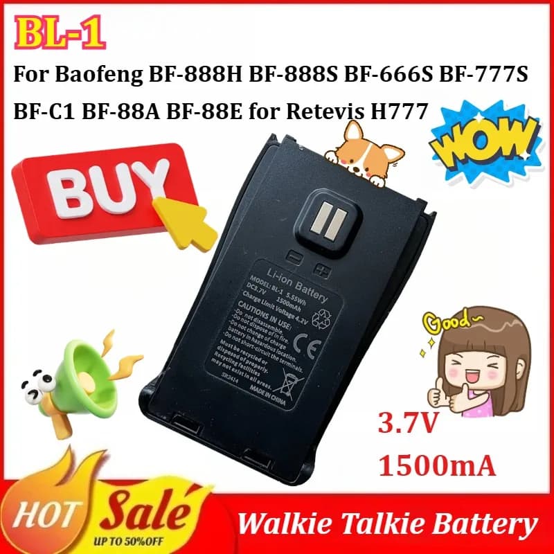 Batteria walkie-talkie Type-C BL-1 3.7V 1500mAh per Baofeng BF‑888H BF‑888S BF‑666S BF‑777S BF‑C1 BF‑88A BF‑88E per Retevis H777
