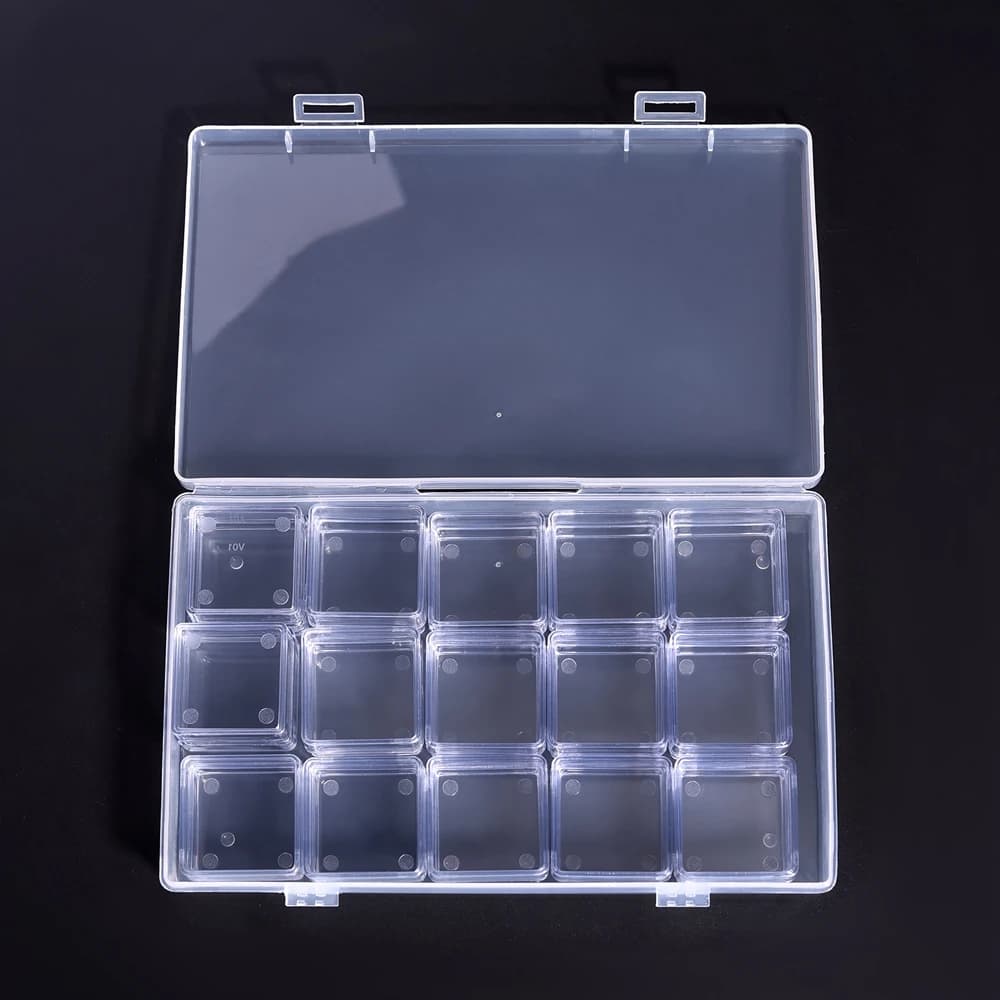 Scatola di immagazzinaggio da 15/28 griglie per accessori per unghie Contenitore per organizer vuoto in acrilico trasparente Scatola per decorazioni con strass Scatola per parti per unghie