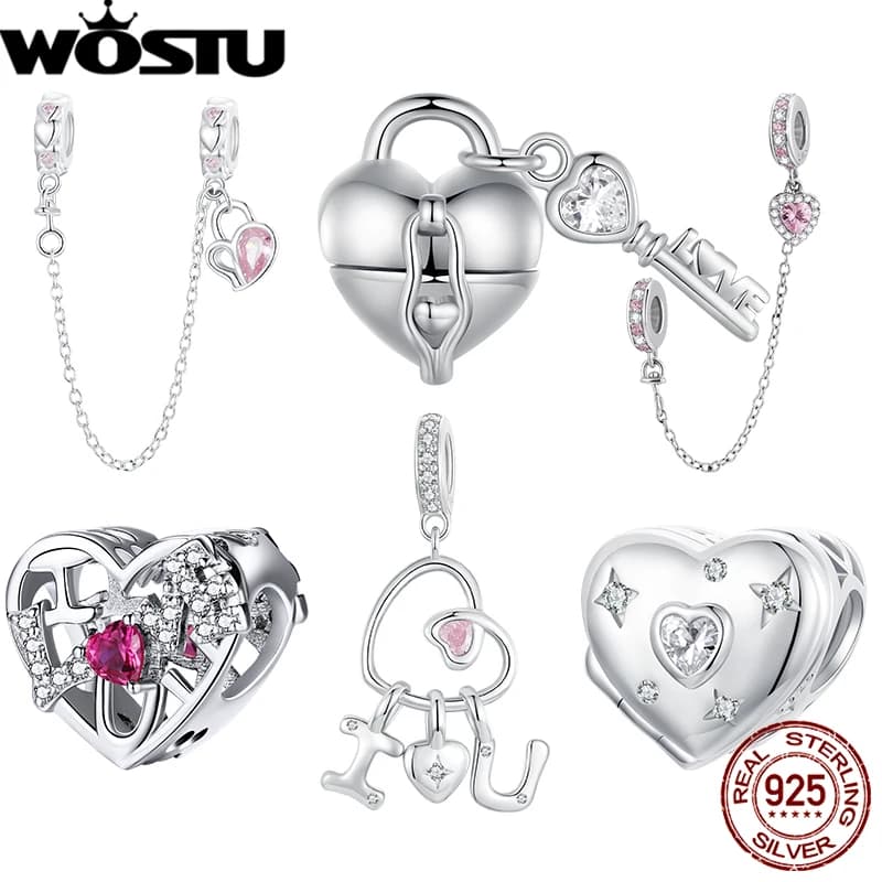 WOSTU Ciondolo con lettera d'amore rosa in argento sterling 925 proporre la scatola del cuore con lucchetto di sicurezza, adatto per bracciale originale, regalo di San Valentino