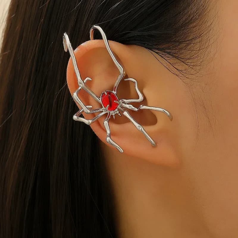 Gotico metallo ragno zircone rosso polsino dell'orecchio orecchino con perno donne HipHop esagerato clip per l'orecchio Halloween Y2K regalo di gioielli per feste