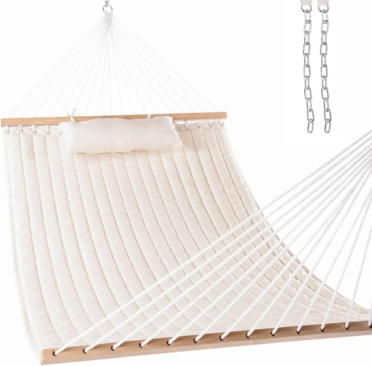 Double 3.6 m quilted fabric hammock with space bar and removable cushion, hammock for 2 persons for outdoor patio, garden and pool edge