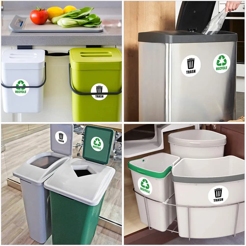 1 set di adesivi per bidoni della spazzatura, 6 fogli di adesivi per contenitori dei rifiuti in materiale PVC, facili da applicare e rimuovere, etichette promemoria per bidoni per il riciclaggio