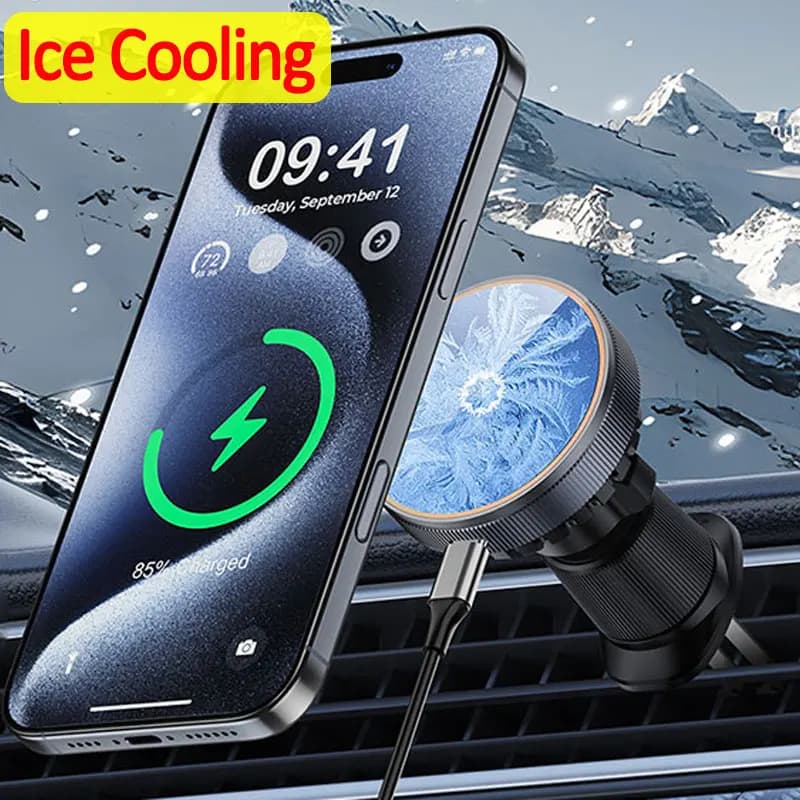 Supporto magnetico per telefono per auto con raffreddamento a ghiaccio Supporto per presa d'aria Luce notturna Carica per auto wireless rfor MagSafe iPhone 16 15 14 13 12 Pro Max