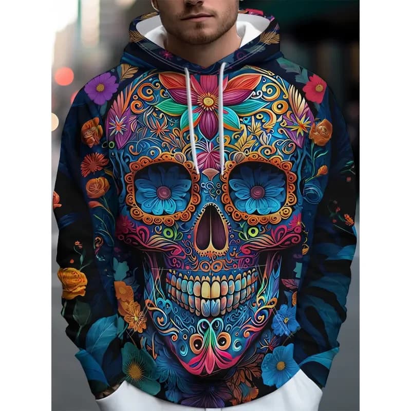 2026 Men's Streetwear Hoodie Colorful Sugar Skull Floral Print Blue Border Loose Pullover Sweatshirt Artistic Casual Party