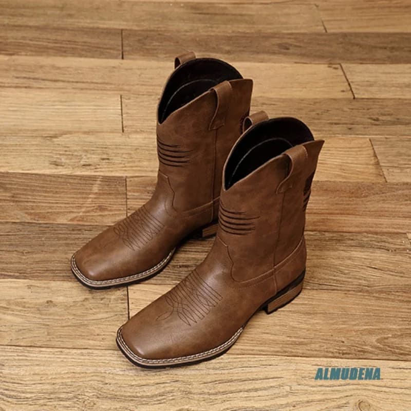 Stivali da Cowboy in Pelle Marrone da Uomo con Punta Quadrata, Dettagli Ricamati, Stile Urbano Casual per Equitazione e Outdoor