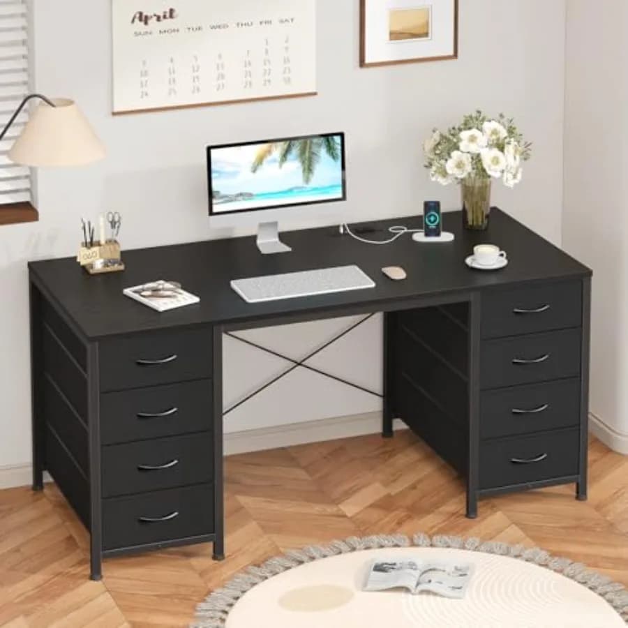 Scrivania per Computer da 50 Pollici con 8 Cassetti in Tessuto, Scrivania Nera per Ufficio Domestico con Prese di Corrente per Lavoro, Studio e Gaming
