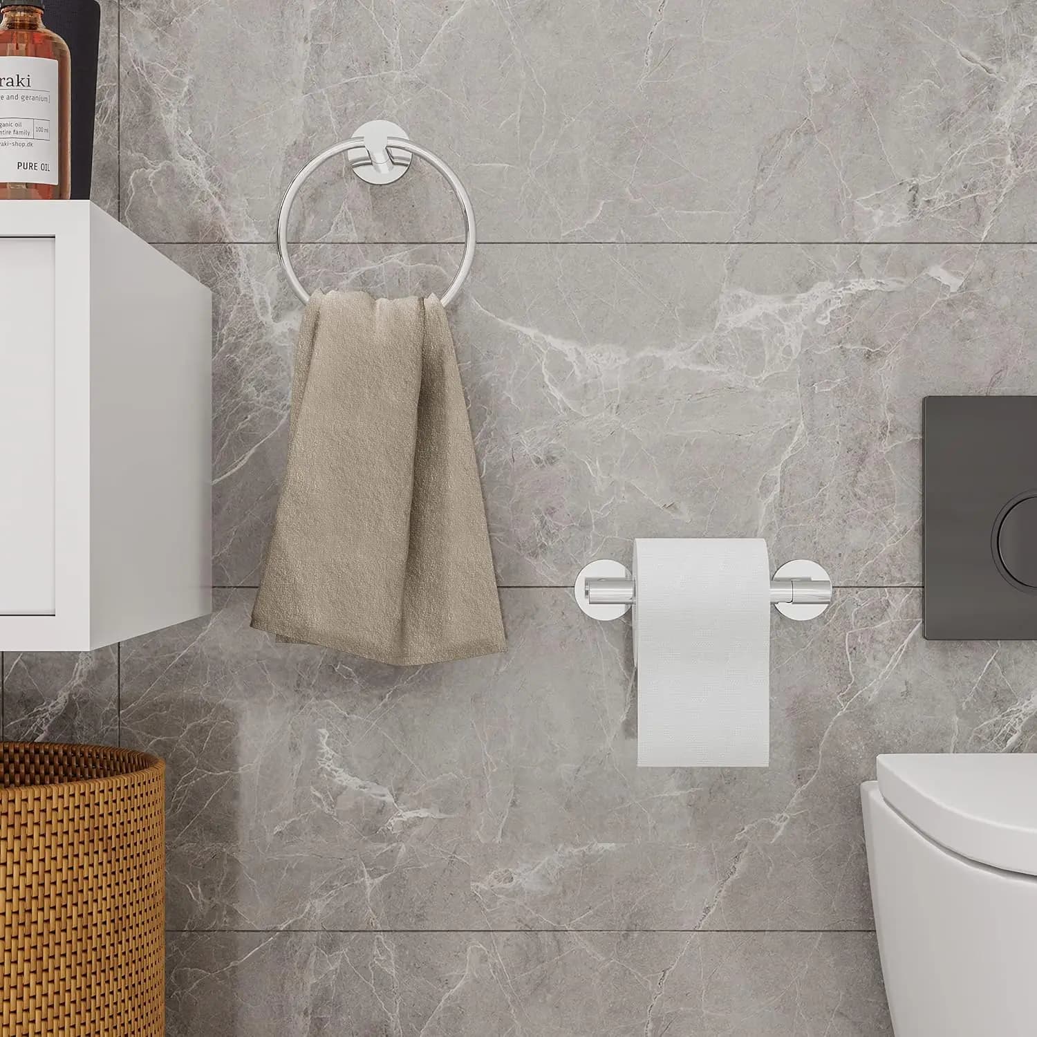 Set di accessori per il bagno moderno autoadesivo in acciaio inossidabile SUS304 lucido, porta carta igienica e anello portasciugamani a doppio palo