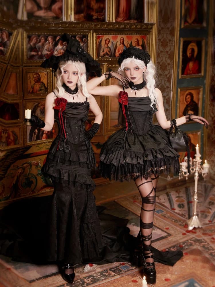 Set di abiti neri gotici da donna Set di top a tubo e gonna lunga a sirena Set di abiti da palazzo di lusso slim Lolita leggero Halloween