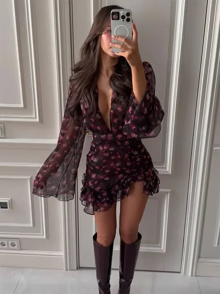 Elegant Mini Dress with Volant and Floral Patterns, Chic with Long Sleeves, V Neckline Background, Slim Fit, Line A, Short, Collection 2026, Holiday and Road Dress for Lady