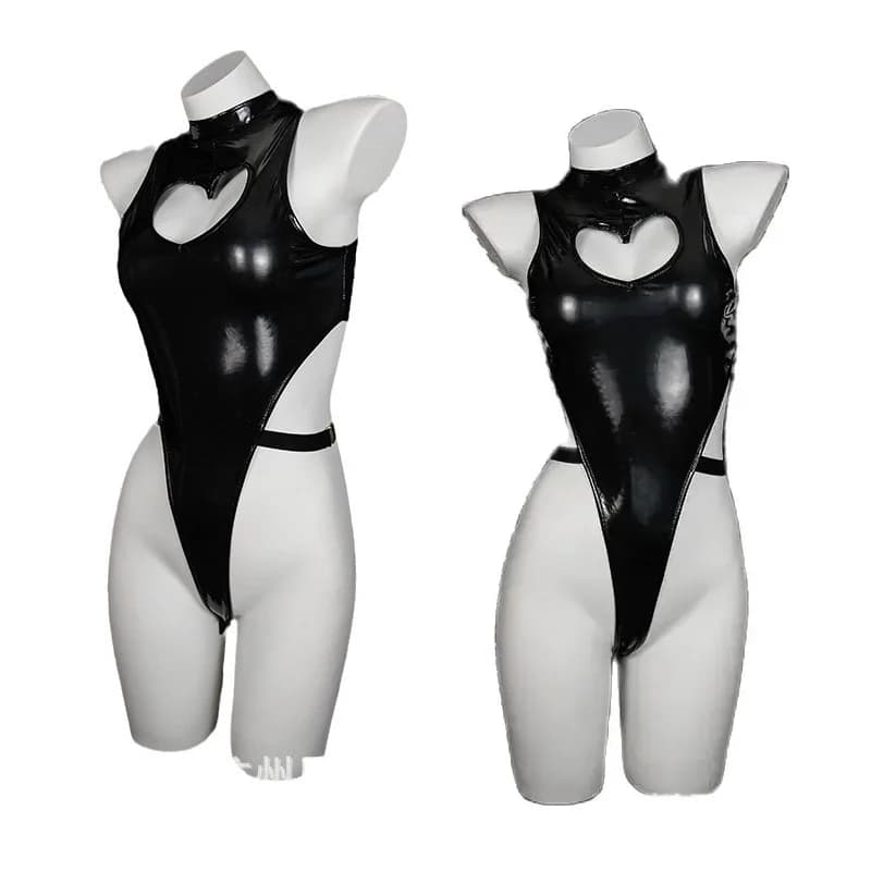 XXOO Sexy Anime Cosplay Senza Maniche in Finta Pelle PU Catsuit Costume da Bagno Body Tights Sweet Heart con Cut-out Teddies