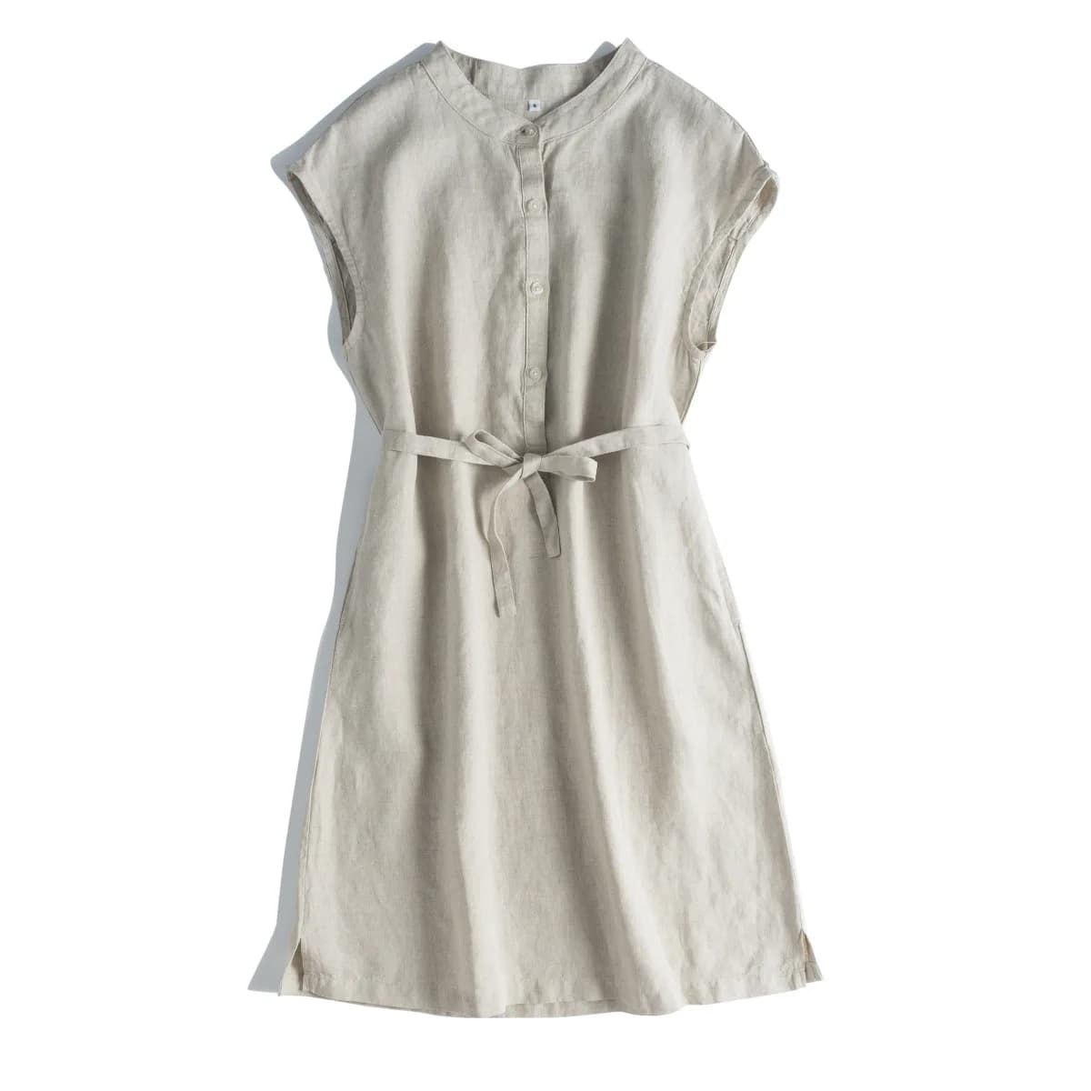 Dave&di Linen Artistic Loose Lace Round Pendulum A-version Stand Collar Half Open Mid Length Half Sleeve Dress