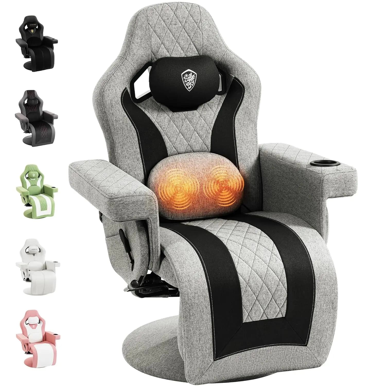Sedia da Gaming Ergonomica Reclinabile con Massaggio, Supporto Lombare, Poggiapiedi, Portabicchieri, Tasca Laterale, Senza Ruote, Tessuto Resistente Grigio, Personalizzabile