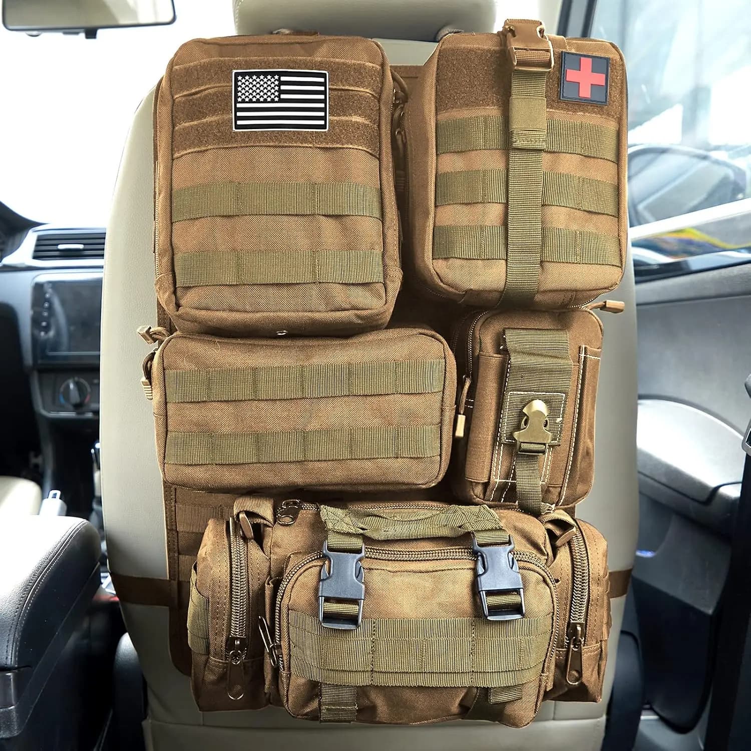 Organizer Universale Tattico per Sedile Auto con 5 Tasche Staccabili per Stoccaggio Veicolare, Colore Kaki
