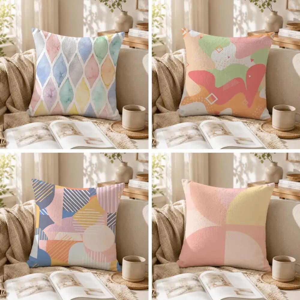 Colorful Abstract Geometric Pattern Cushion Cover Natural Linen Printed Pillow case Cool Breathable for Living Room Bedroom Sofa