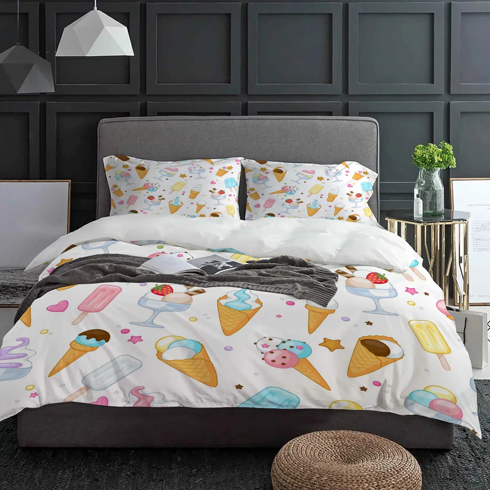 Cartoon Food Ice Cream Cup Set biancheria da letto 3 pezzi Ragazzi Ragazze Copripiumino Federa Bambini Copripiumino per adulti Set letto matrimoniale Tessili per la casa