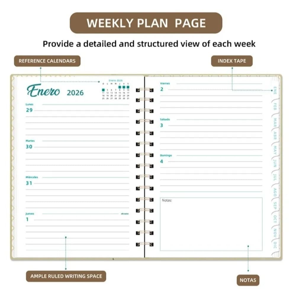 Agenda Spagnola 2026, Quaderno A5 a Spirale, Calendario Giornaliero, Diario di Auto-Tracciamento, Libro Organizzatore Essenziale e Pratico