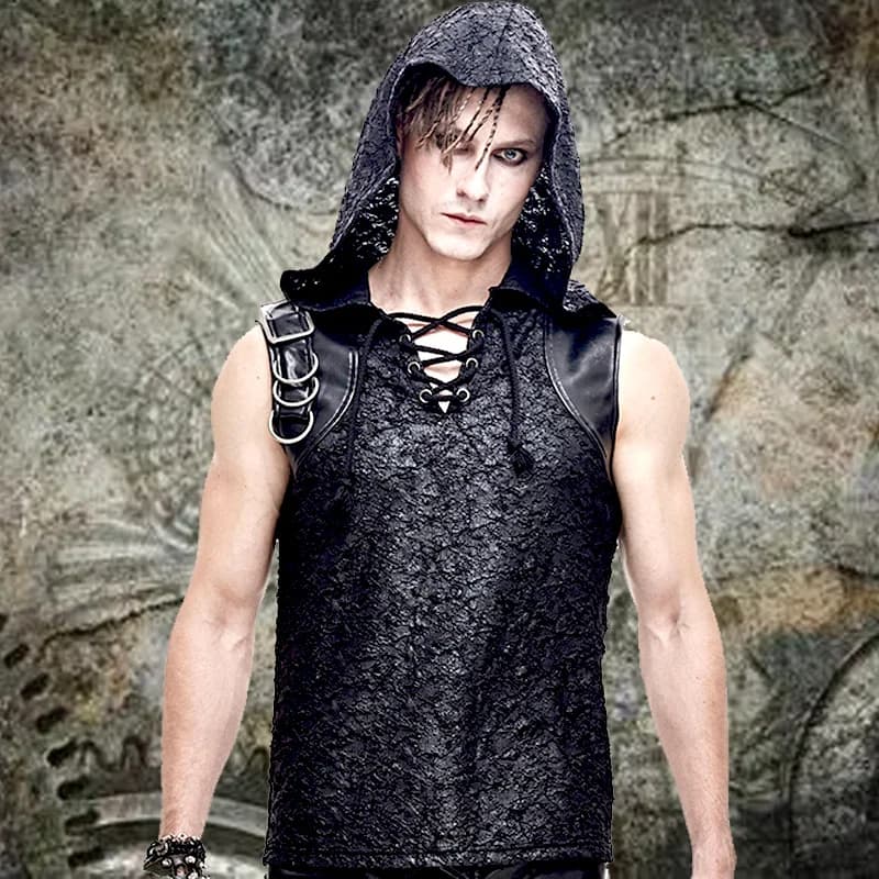 2025 Summer Rivet PU pelle splicing T-shirt senza maniche con cappuccio da uomo gilet Top da uomo gotico rock punk.