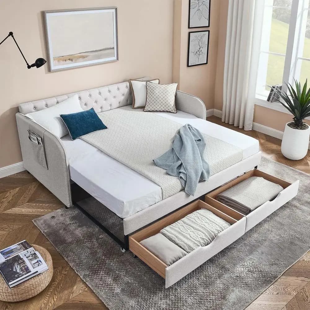 Divano letto in lino 80.5 con letto estraibile, contenitore, non necessita di rete a doghe, beige