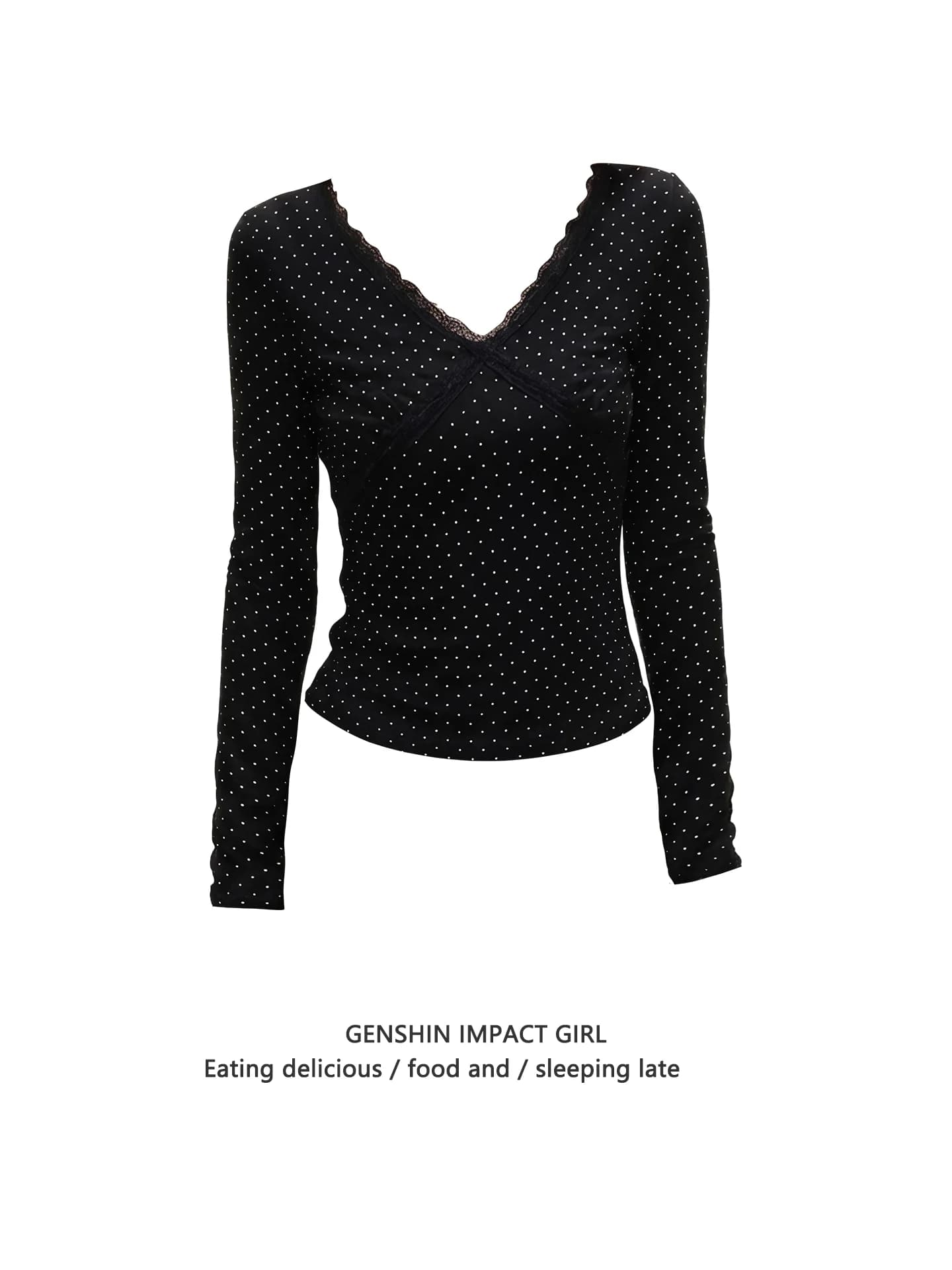 American Style Long Sleeve V-Neck Lace Trim Polka Dot Slim Fit Women's T-Shirt Spring Autumn Fashion Design Unique Beautiful Top
