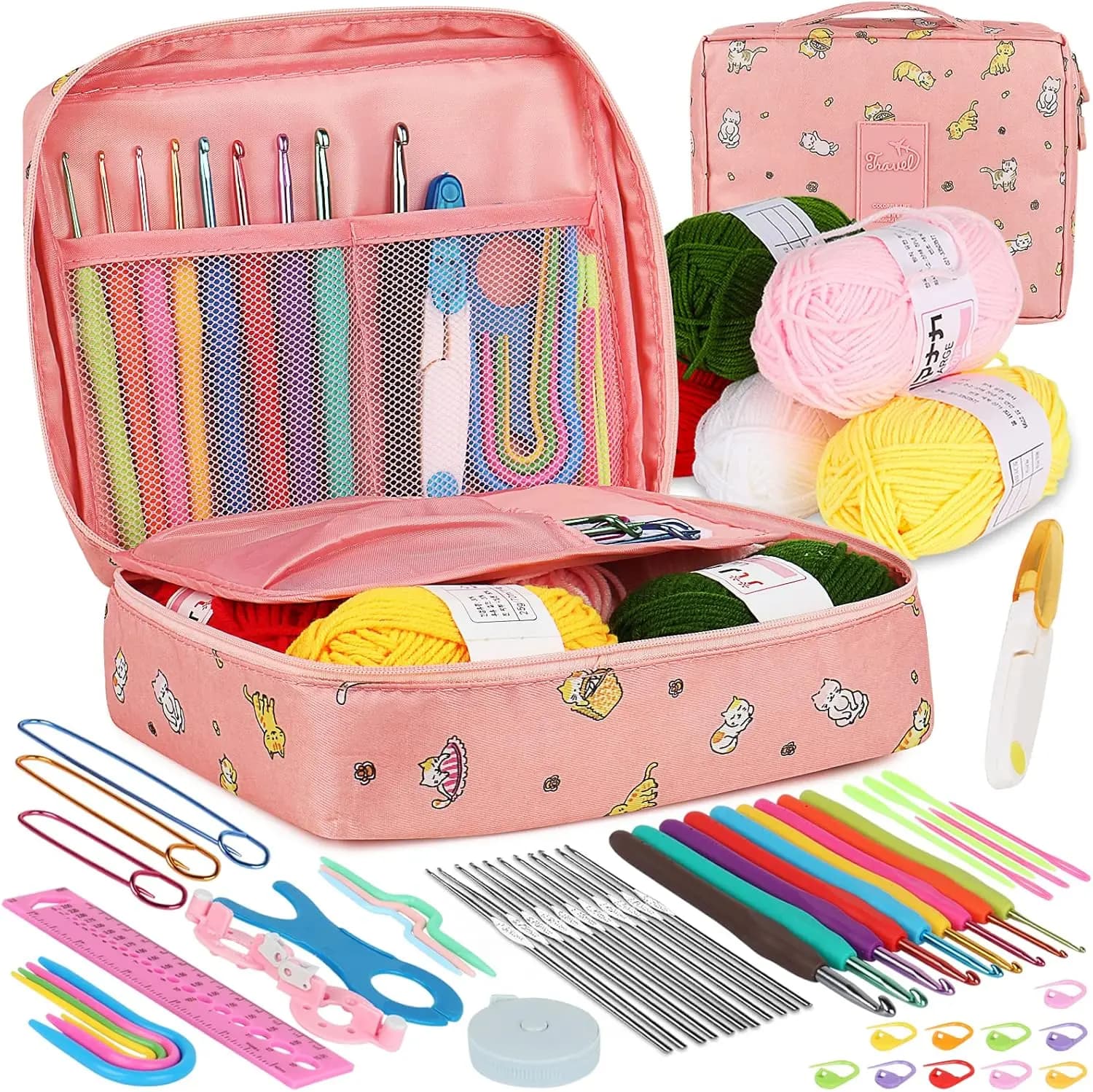 Kit Completo per Principianti di Uncinetto con 59 Pezzi, Ganci Ergonomici 2.0-6.0mm, Aghi per Pizzo, Filati e Borsa Portaoggetti