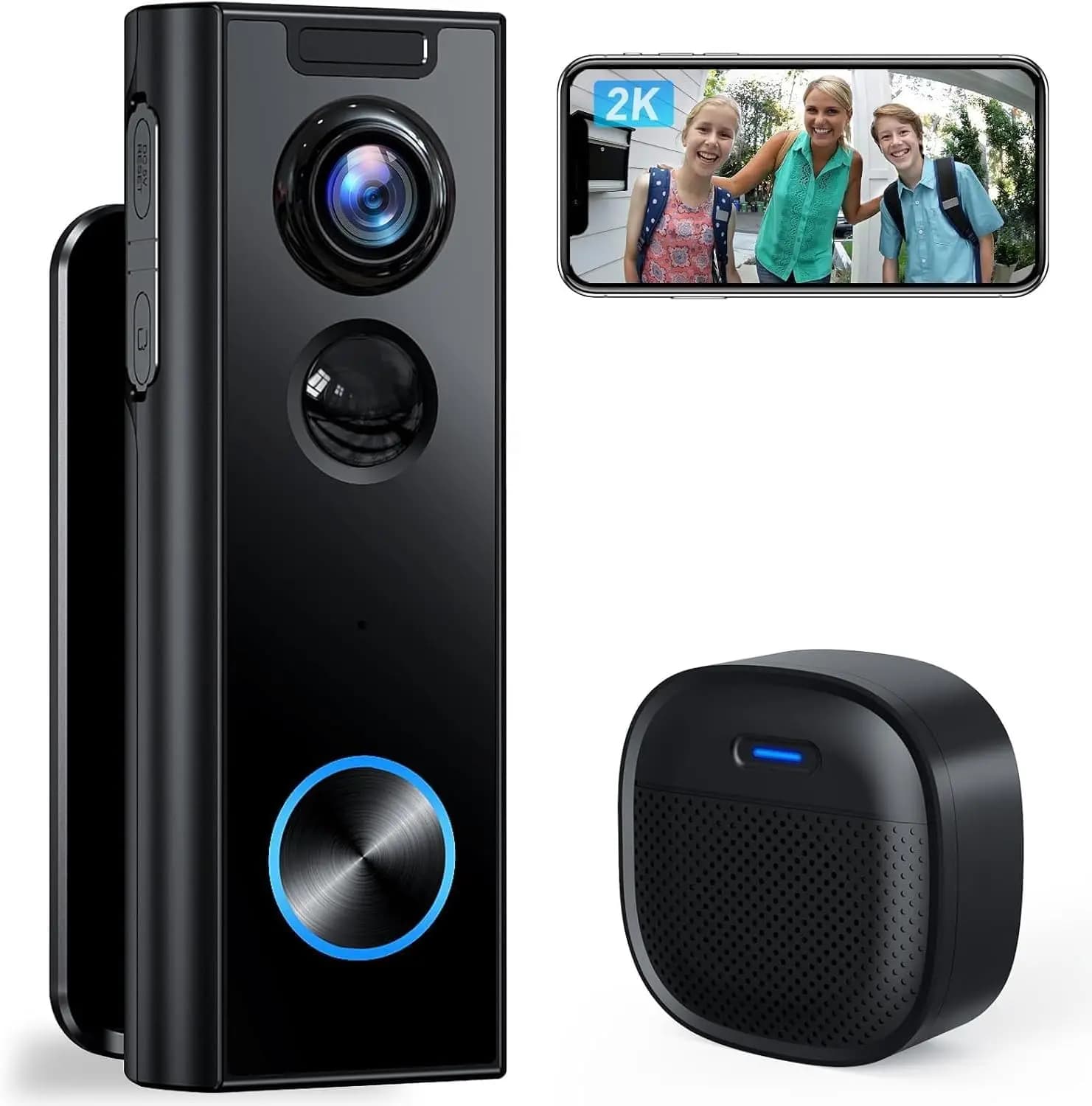 Campanello Video Wireless 2K con Chime, Audio Bidirezionale, Rilevamento Umano, Visione Notturna, Compatibile con Alexa e Google Assistant