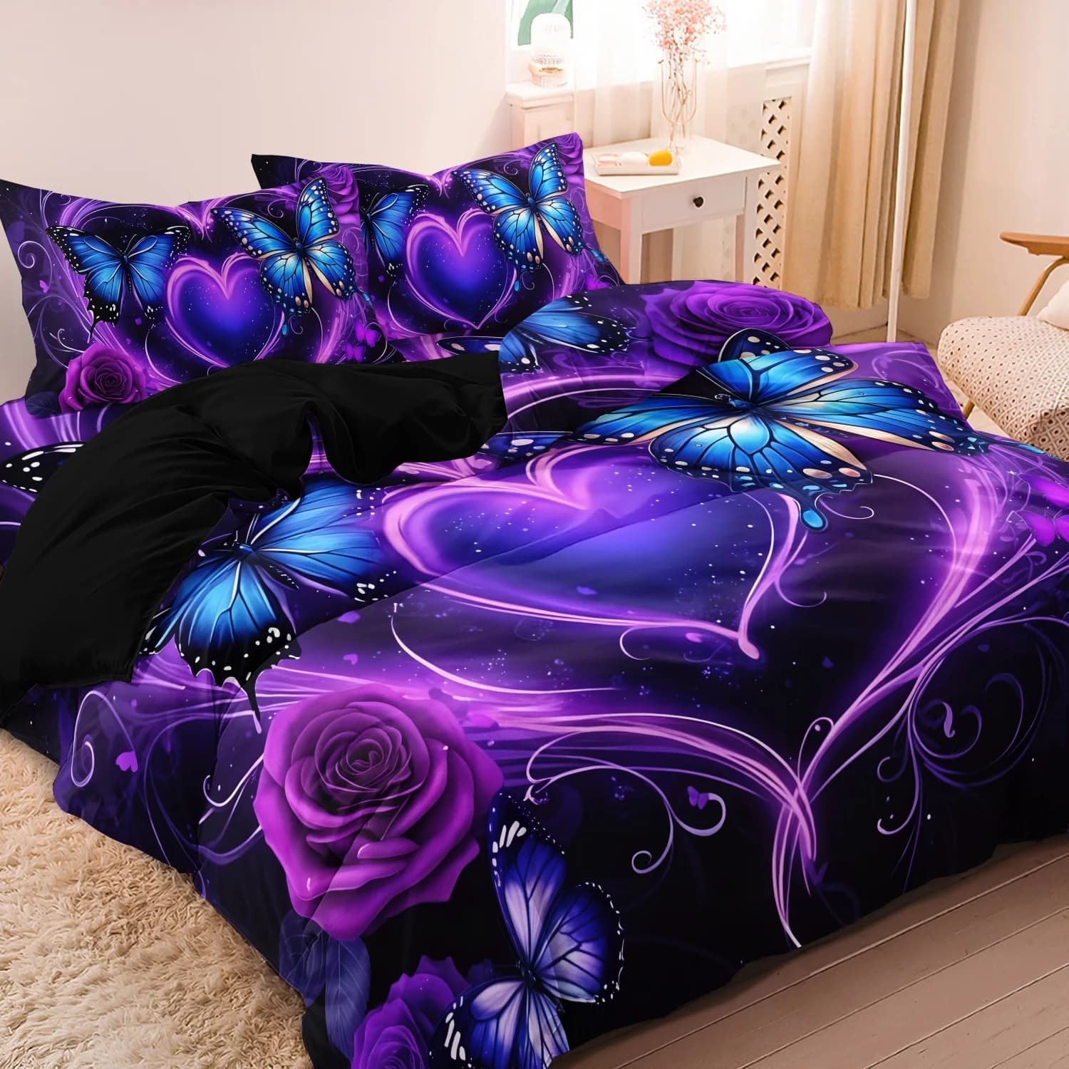 Set copripiumino viola con cuore da sogno, rosa e farfalla, 3 pezzi, stampa ad alta definizione, adatto per camera da letto, dormitorio, decorazione del letto dell'hotel