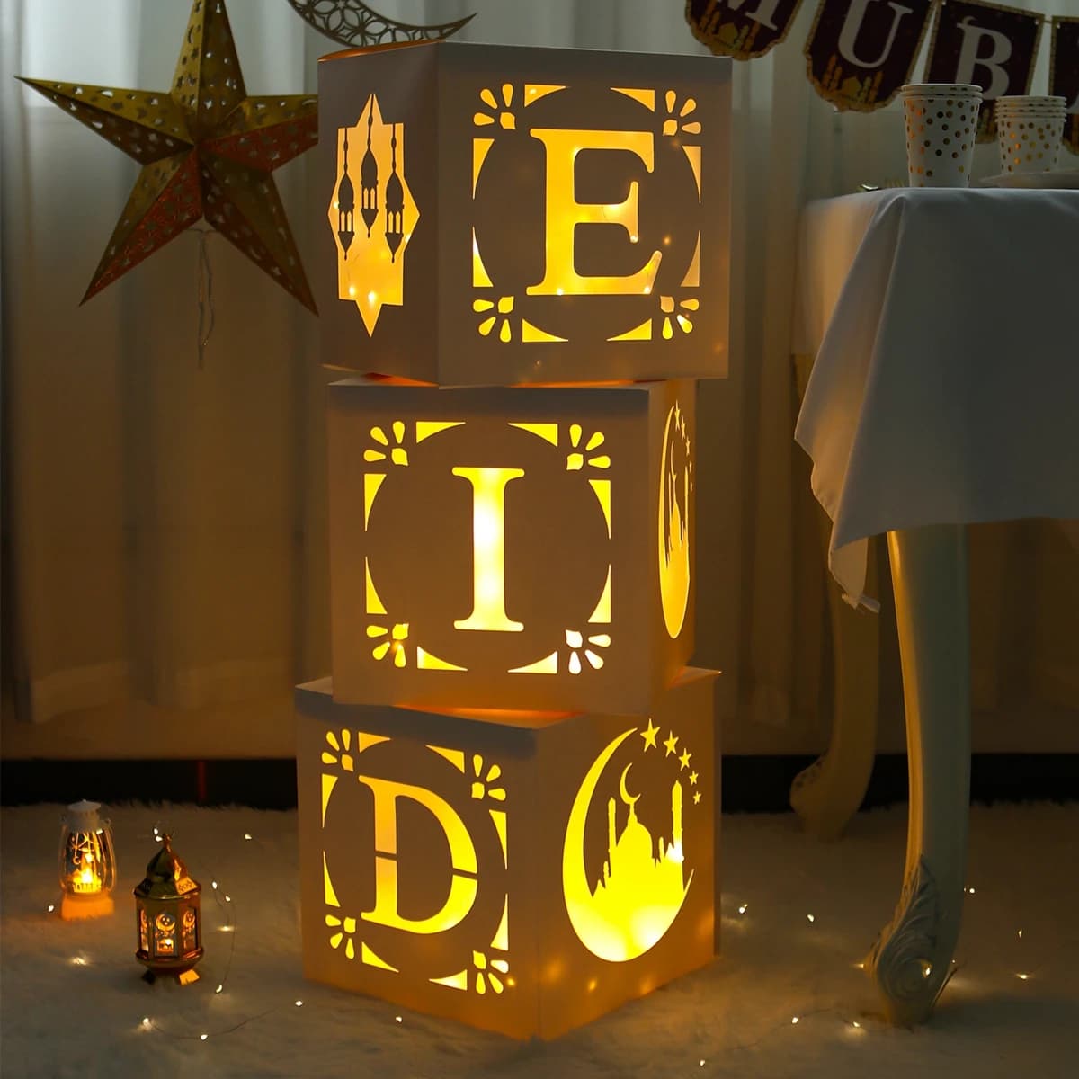 Eid Mubarak Lettera Box Hollow Light String Ramadan Kareem Decorazione per la casa Musulmano Islamico Ramadan Box Eid Al-fitr Regali 2025