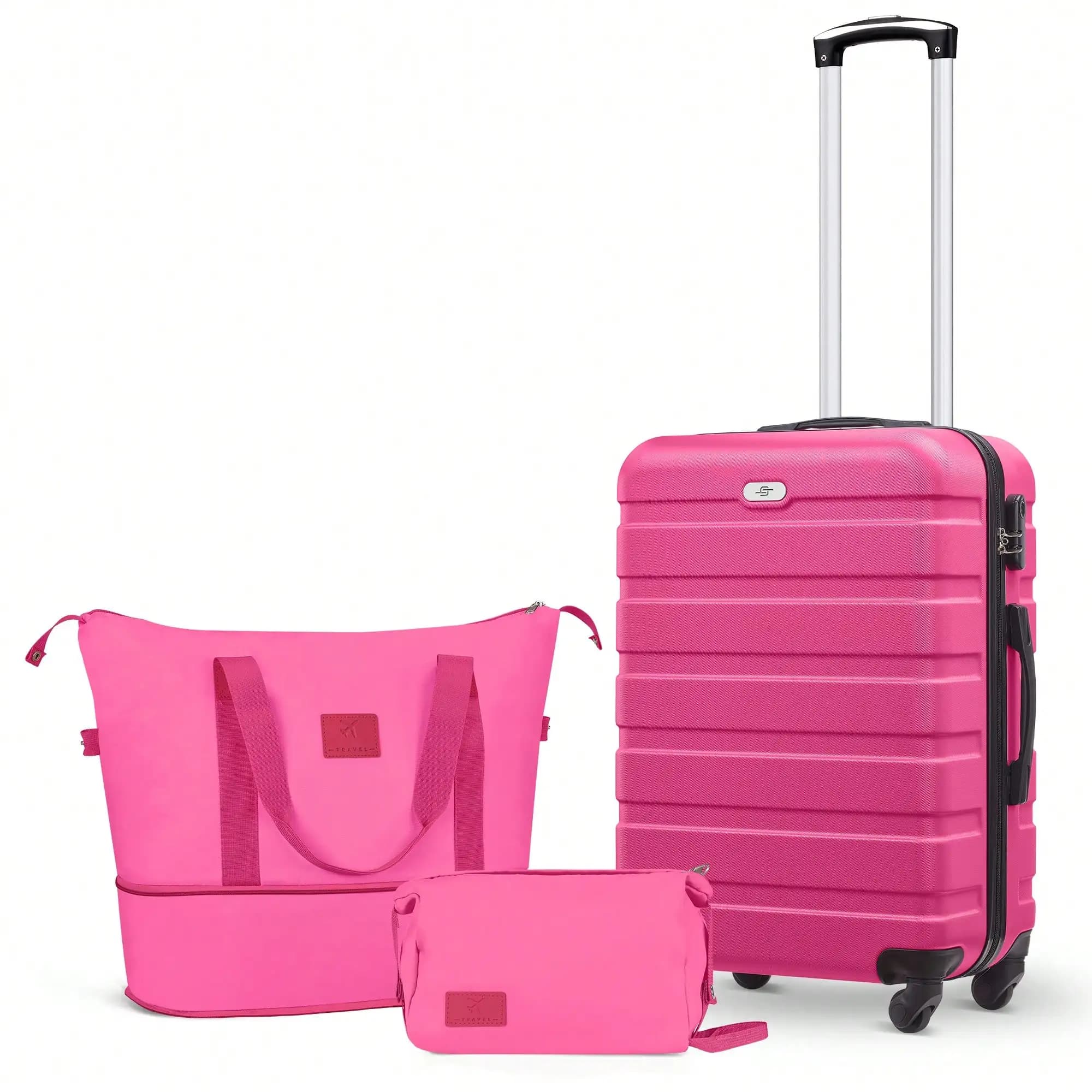 3-Piece Carry On Luggage Set: 20 Inch Airline Approved Hardshell Suitcase With Silent Spinner Wheels+Tote Bag+Toiletry Bag, Lightweight Travel Set