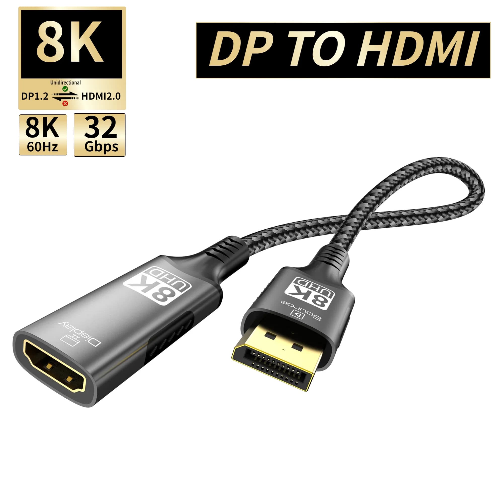 Adattatore da DisplayPort a HDMI 8K a 60 Hz 4K a 120 Hz 2K a 240 Hz DP 1.4 Schermo da computer a HDMI 2.0 Cavo di prolunga da DP a HDMI per Dell HP