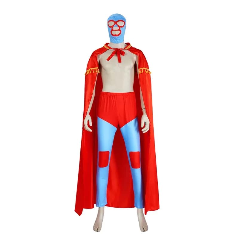 Uomini adulti Nacho Costume Cosplay Libre Mantello Rosso Maschera Pantaloni Pantaloncini Set Completo Wrestling Messicano Halloween Outfitsa;3,v'5.t;8,